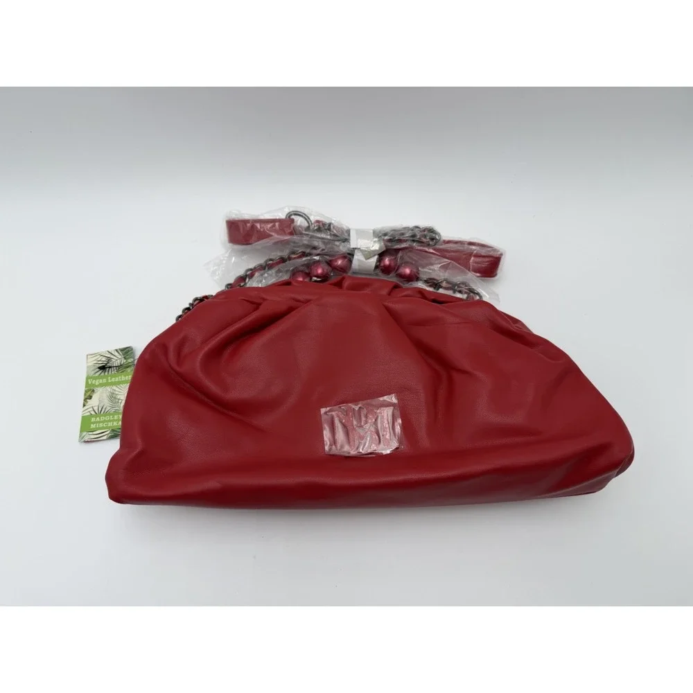 Badgley Mischka Wrapped Frame Clutch Chain‎ Strap Red Vegan Leather New